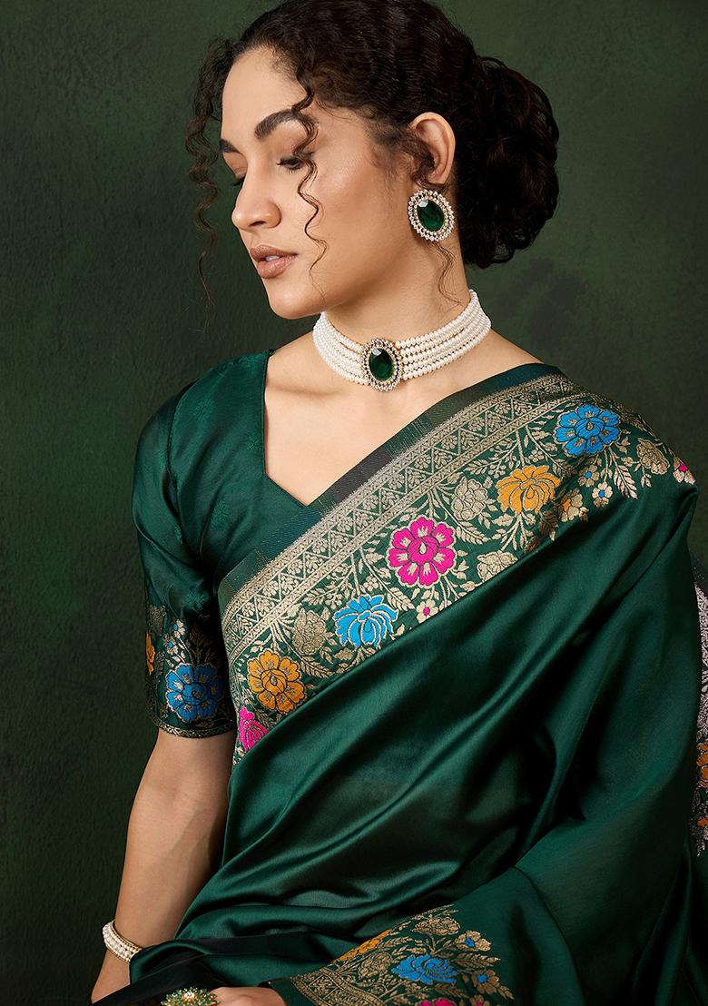 Green Zari Woven Silk Saree Set - Indya