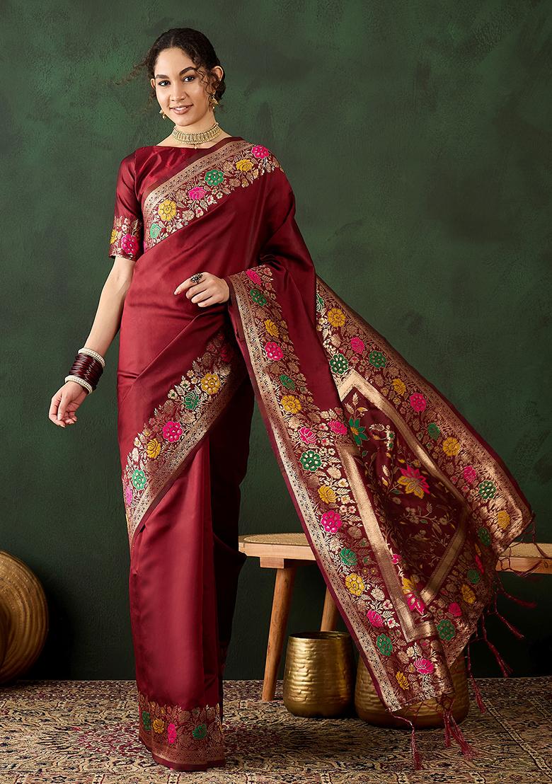 Maroon Zari Woven Silk Saree Set