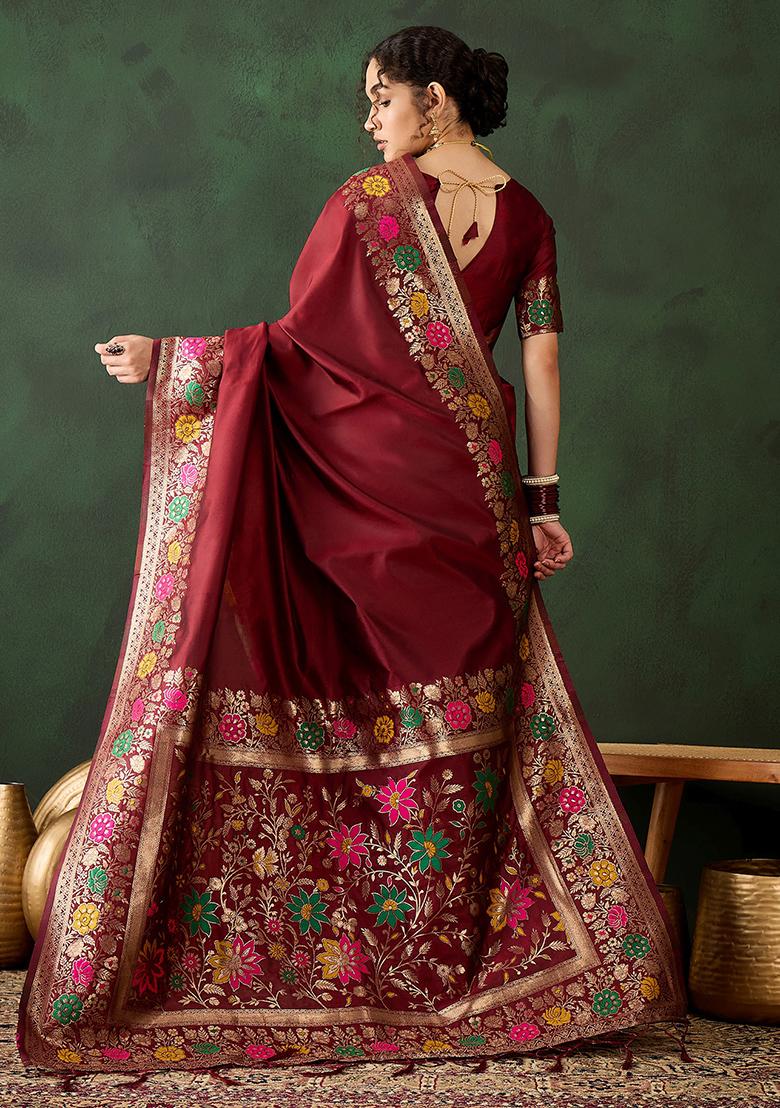 Maroon Zari Woven Silk Saree Set