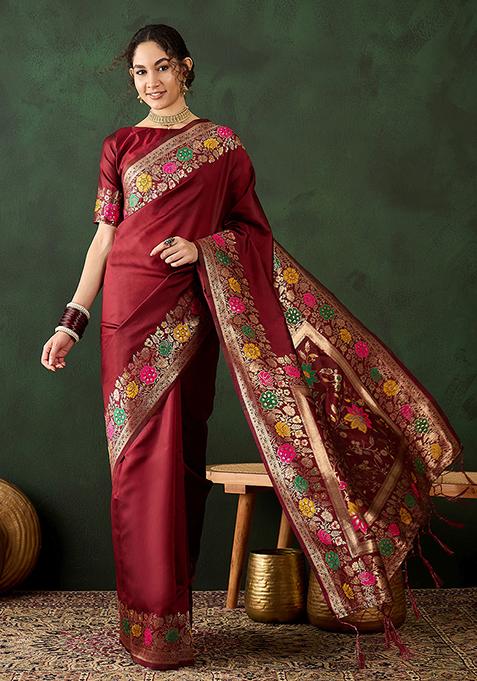 Maroon Zari Woven Silk Saree Set