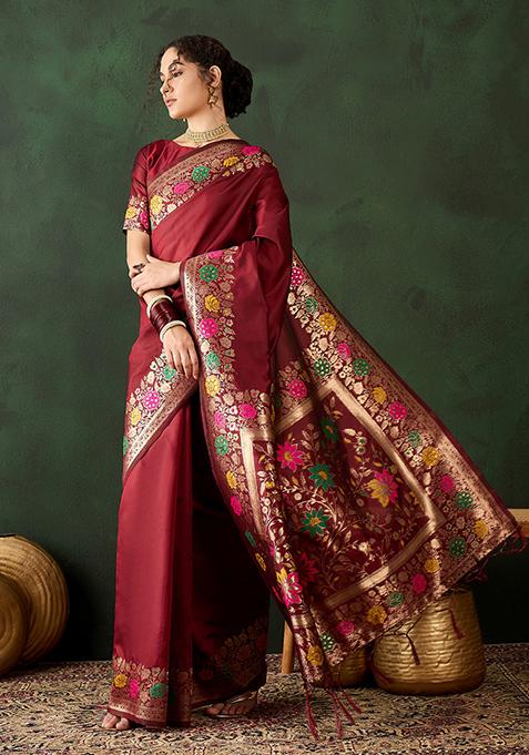 Maroon Zari Woven Silk Saree Set
