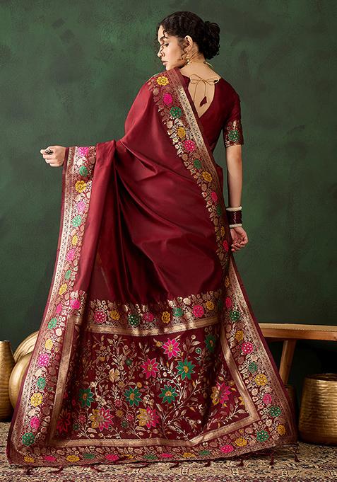 Maroon Zari Woven Silk Saree Set