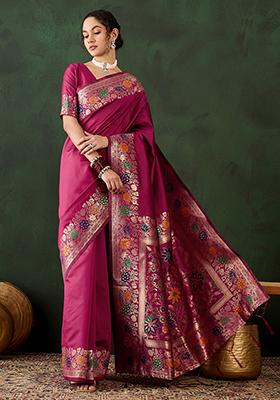 Pink Zari Woven Silk Saree Set