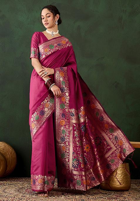 Pink Zari Woven Silk Saree Set