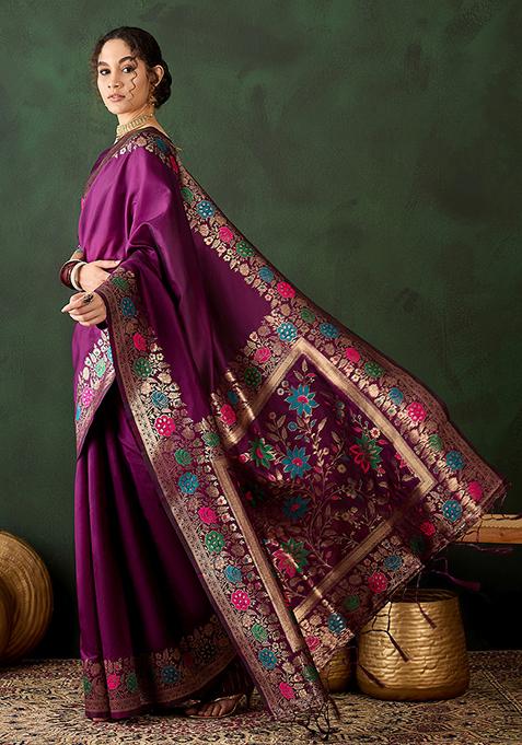 Purple Zari Woven Silk Saree Set