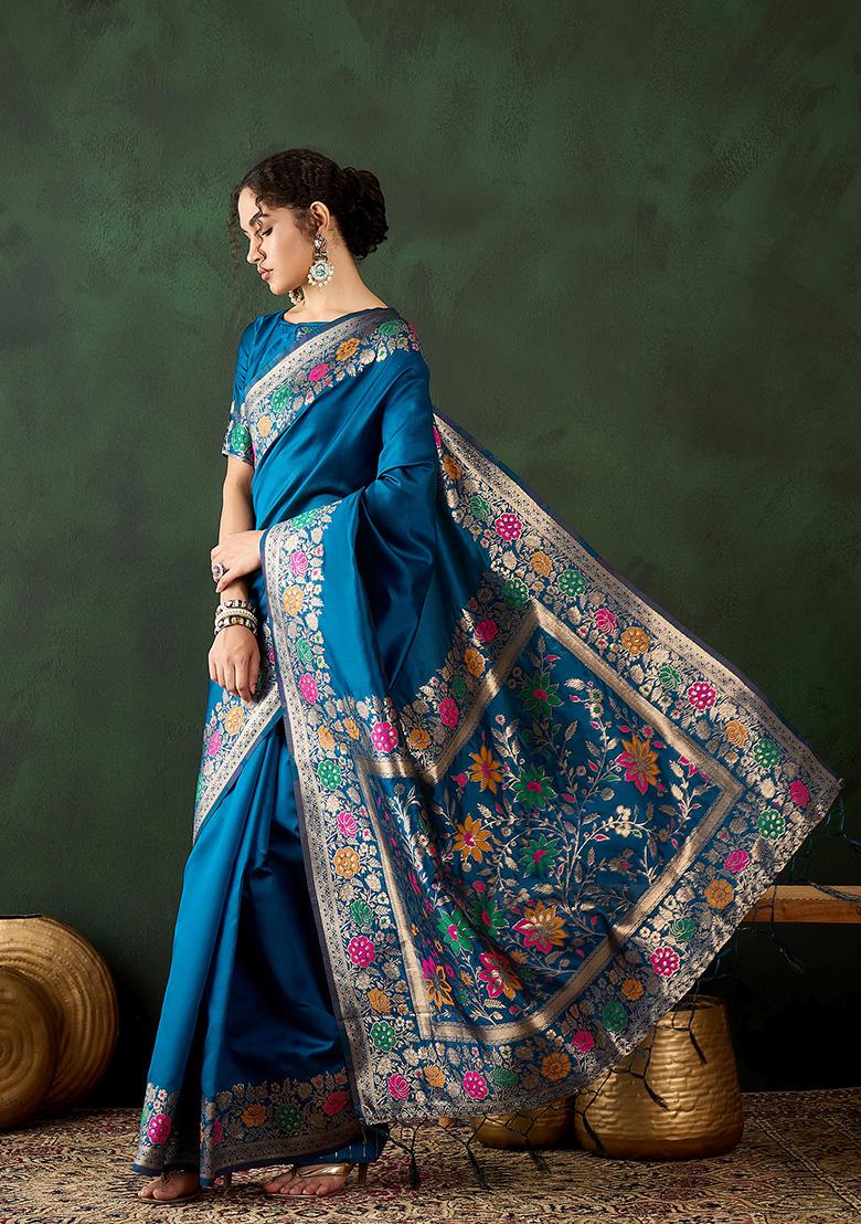 Blue Zari Woven Silk Saree Set - Indya