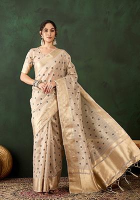 Beige Abstract Print Organza Saree Set
