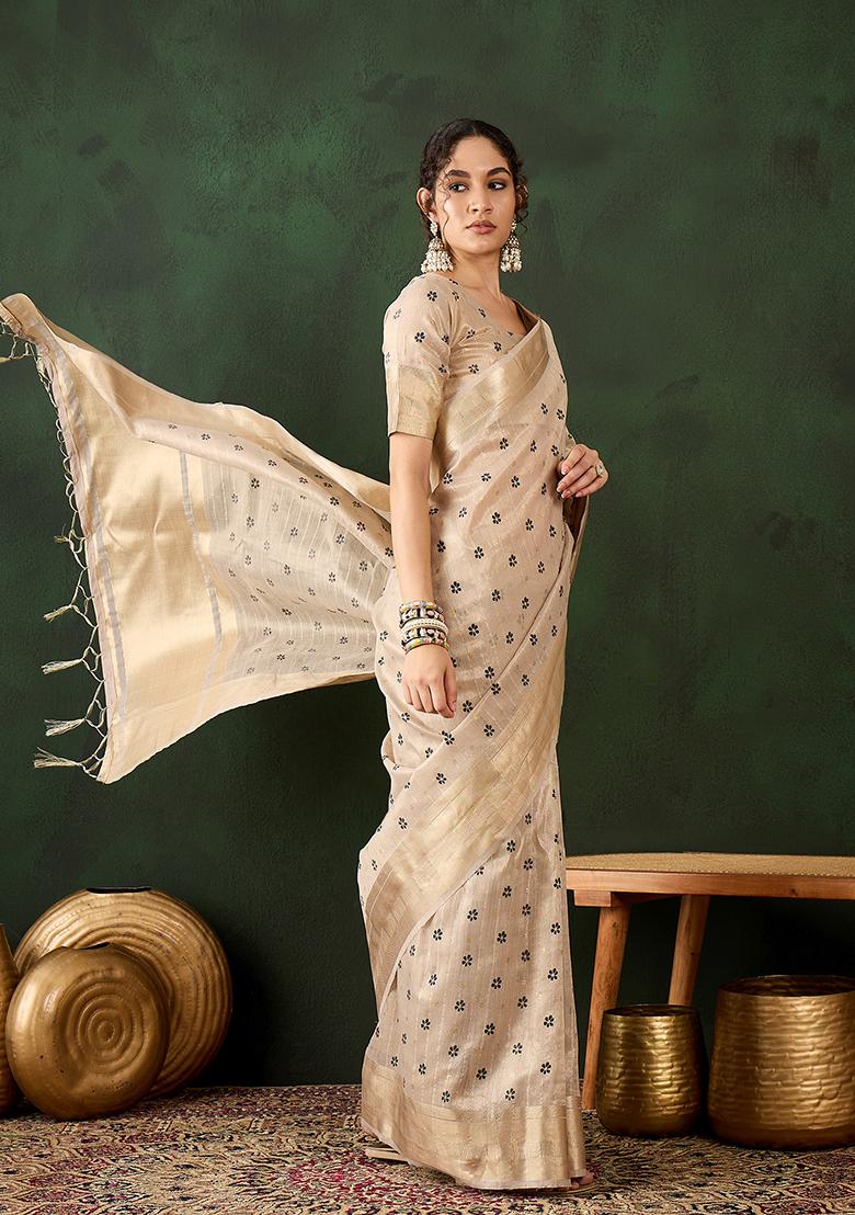 Beige Abstract Print Organza Saree Set - Indya