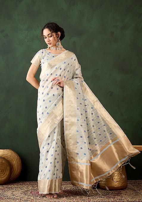 Sky Blue Abstract Print Organza Saree Set