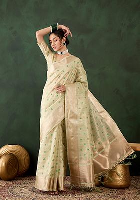 Green Abstract Print Organza Saree Set