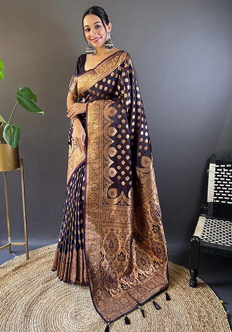 Purple Zari Woven Silk Saree Set