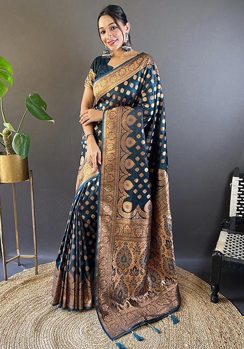 Blue Zari Woven Silk Saree Set