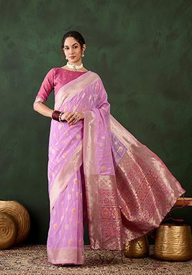 Purple Zari Woven Cotton Saree Set