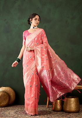 Peach Zari Woven Cotton Saree Set