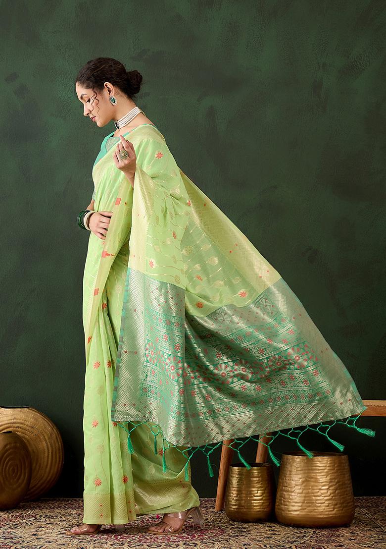 Green Zari Woven Cotton Saree Set