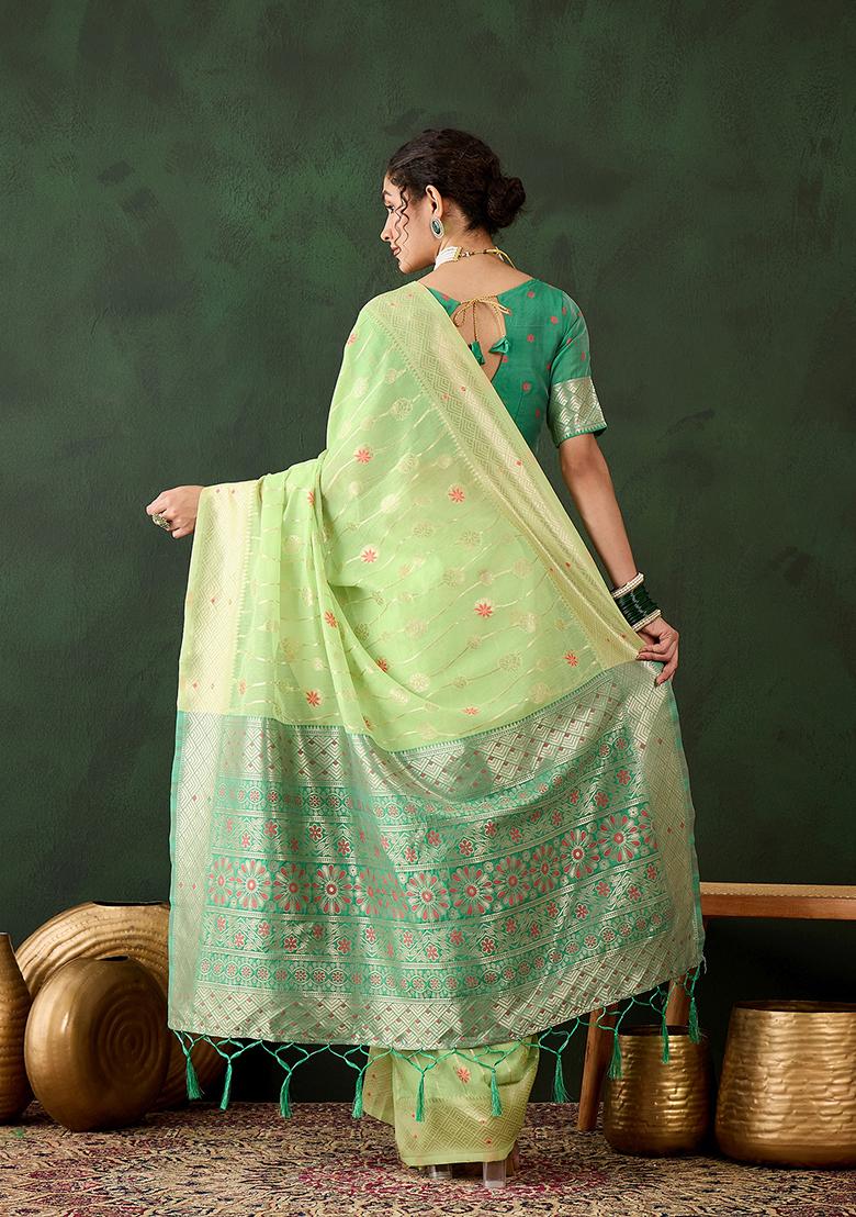 Green Zari Woven Cotton Saree Set