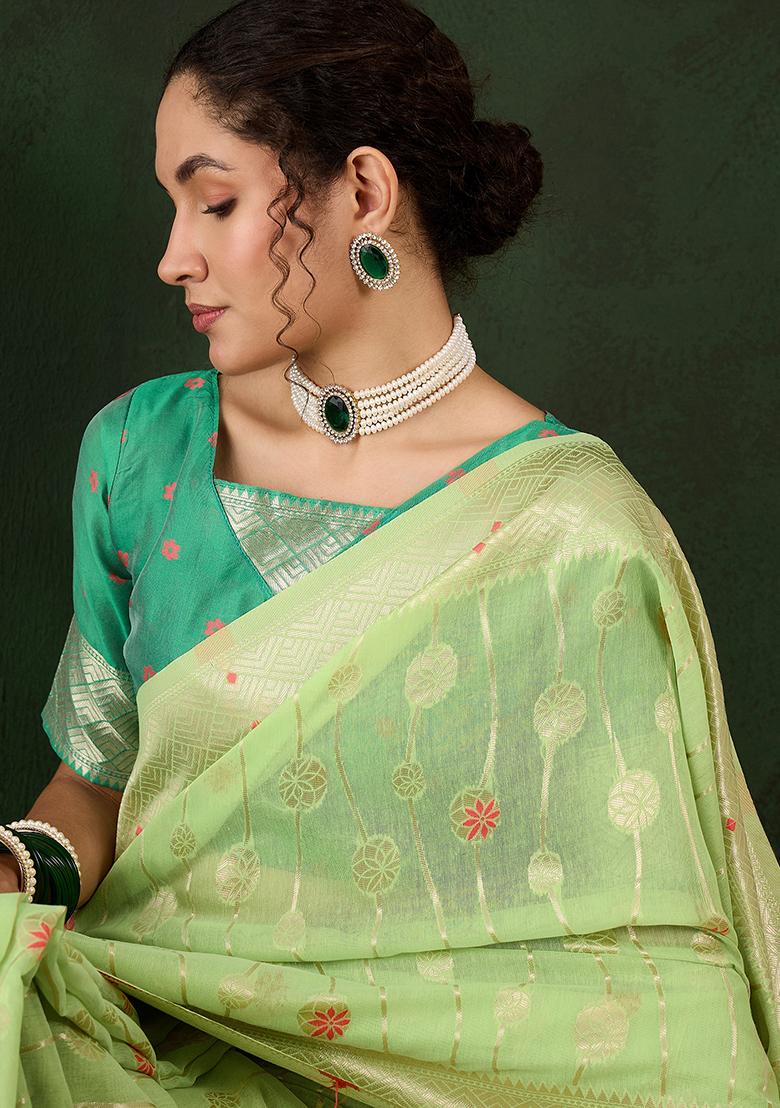 Green Zari Woven Cotton Saree Set - Indya