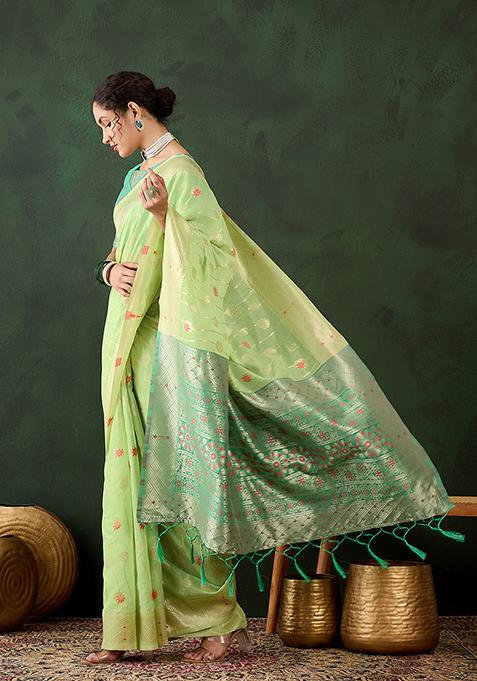 Green Zari Woven Cotton Saree Set