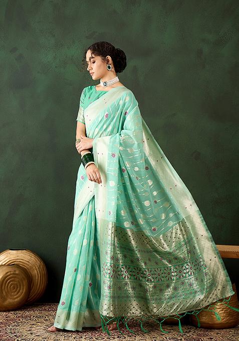 Sea Green Zari Woven Cotton Saree Set