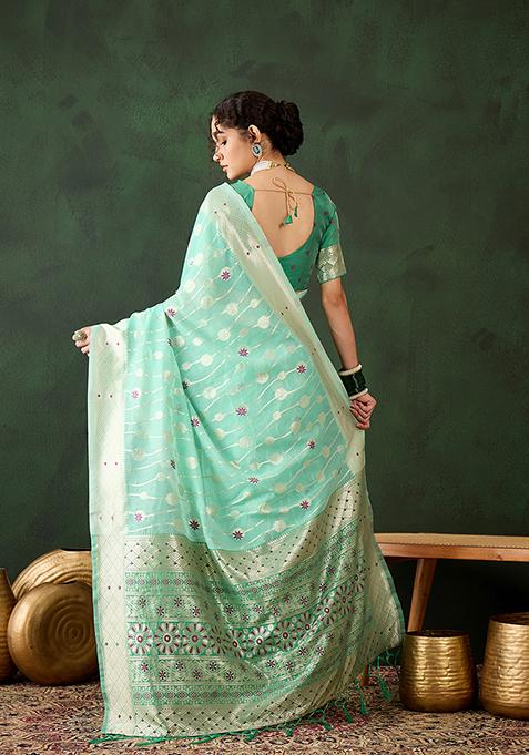 Sea Green Zari Woven Cotton Saree Set