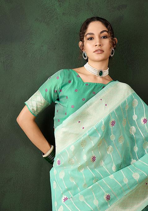 Sea Green Zari Woven Cotton Saree Set