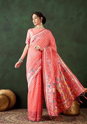 Peach Zari Woven Cotton Saree Set