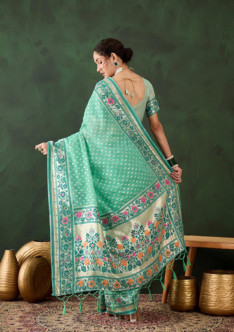 Sea Green Zari Woven Cotton Saree Set