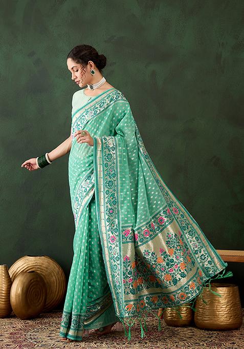 Sea Green Zari Woven Cotton Saree Set