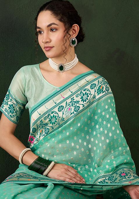 Sea Green Zari Woven Cotton Saree Set