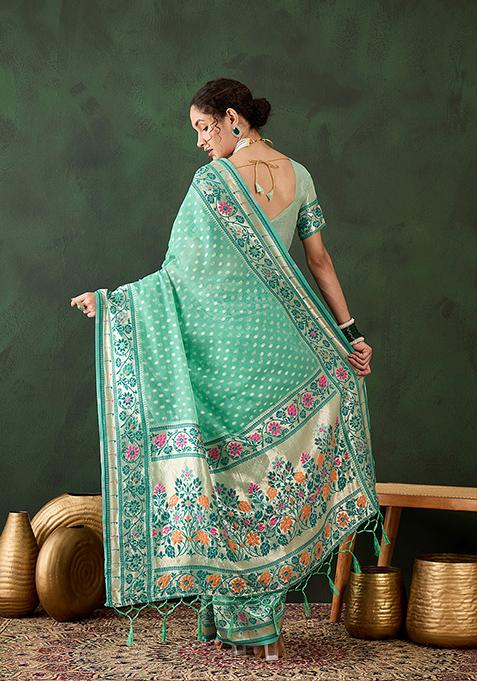 Sea Green Zari Woven Cotton Saree Set