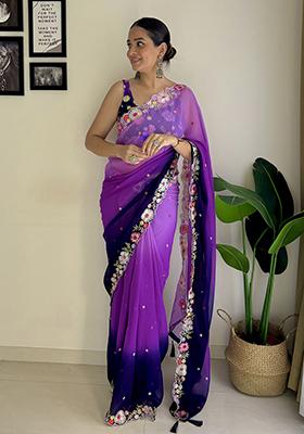 Purple Sequin Embroidered Georgette Saree Set
