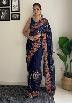 Blue Sequin Embroidered Art Silk Saree Set