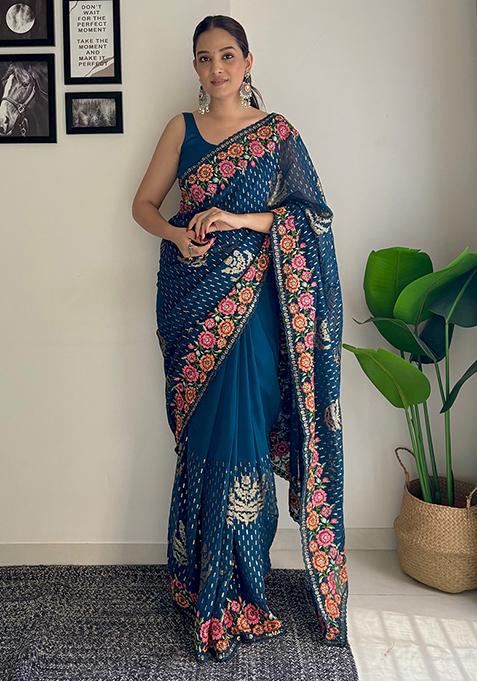 Teal Sequin Embroidered Art Silk Saree Set