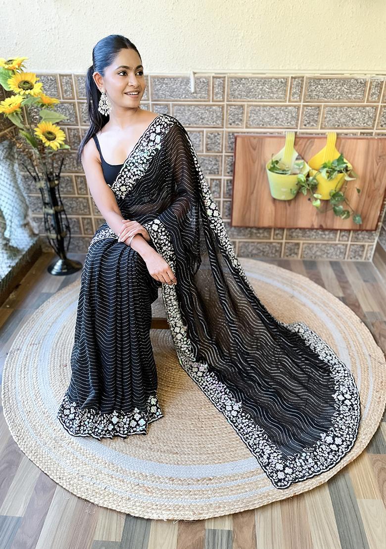 Black Sequin Embroidered Georgette Saree Set - Indya