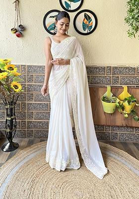 Off White Sequin Embroidered Georgette Saree Set