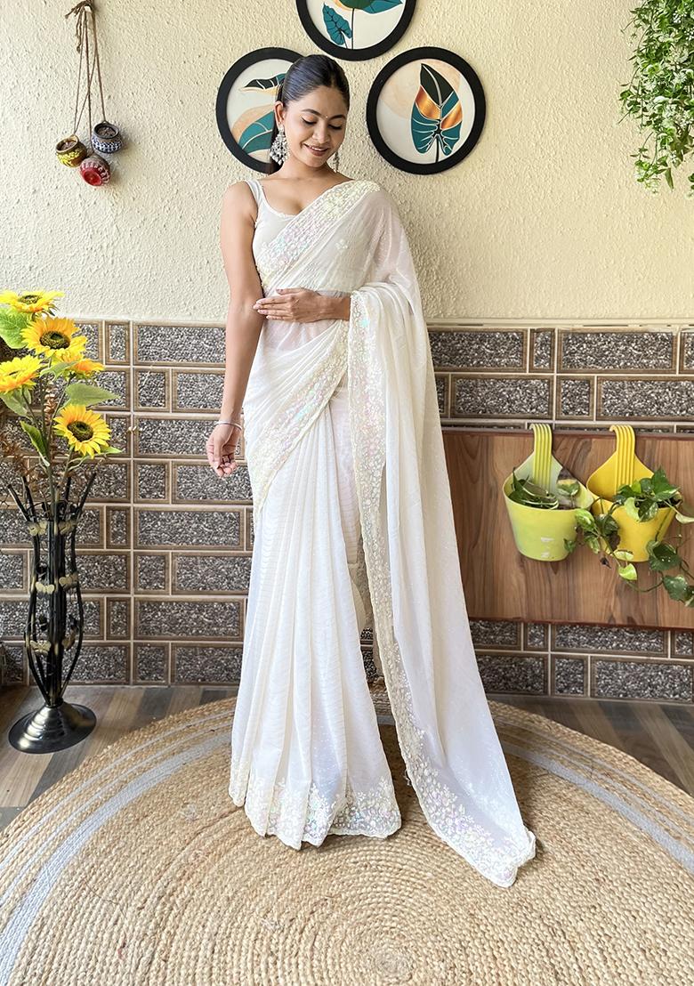 Buy Women Off White Sequin Embroidered Georgette Saree Set