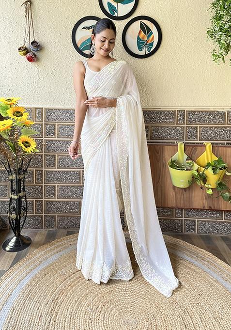 Off White Sequin Embroidered Georgette Saree Set