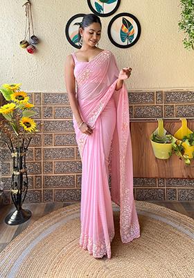 Pink Sequin Embroidered Georgette Saree Set