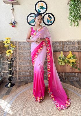 Pink Resham Embroidered Georgette Saree Set