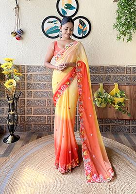 Yellow Resham Embroidered Georgette Saree Set
