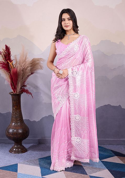 Pink Sequin Embroidered Art Silk Saree Set