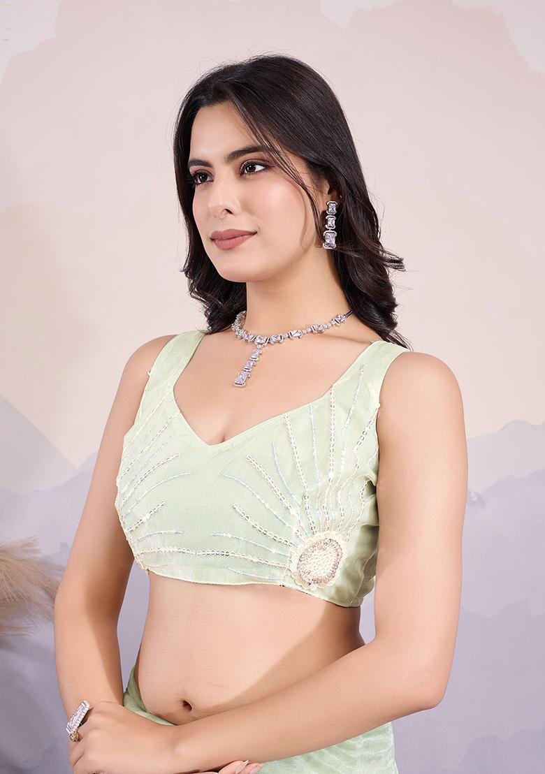 Green Sequin Embroidered Art Silk Saree Set - Indya