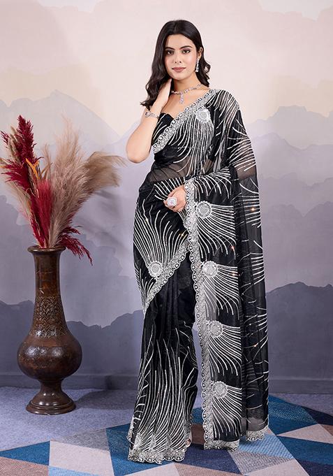 Black Sequin Embroidered Art Silk Saree Set