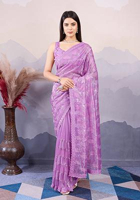 Purple Sequin Embroidered Art Silk Saree Set
