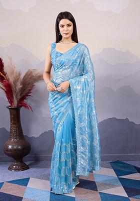 Blue Sequin Embroidered Art Silk Saree Set