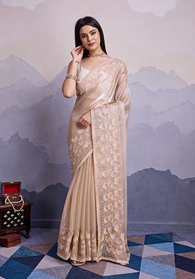 Beige Sequin Embroidered Art Silk Saree Set