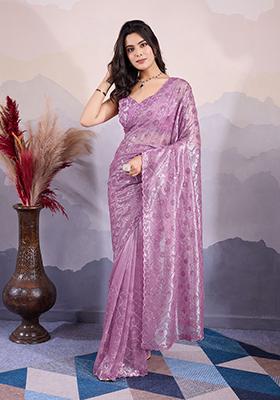 Purple Sequin Embroidered Art Silk Saree Set