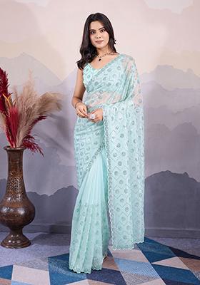 Sea Green Sequin Embroidered Art Silk Saree Set