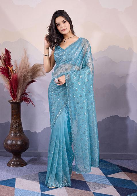 Blue Sequin Embroidered Art Silk Saree Set