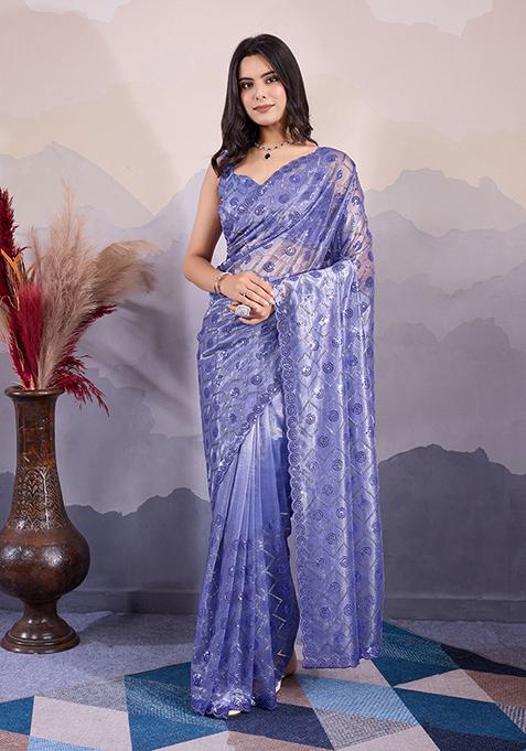 Lavender Sequin Embroidered Art Silk Saree Set